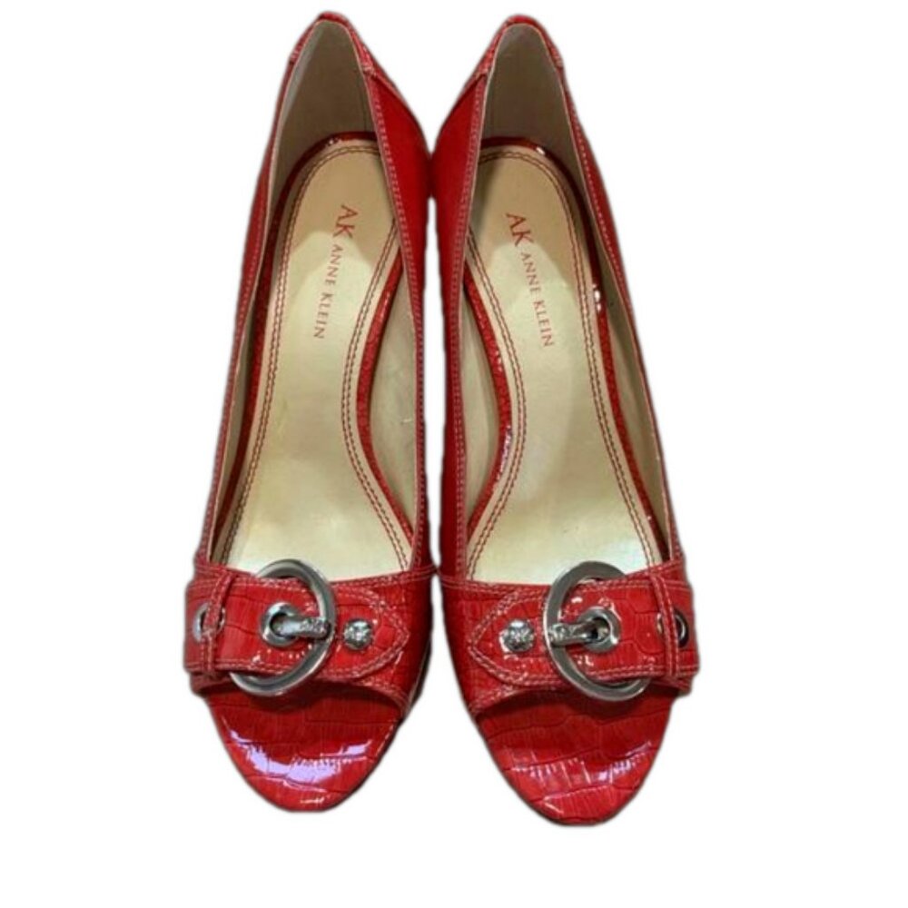AK Anne Klein AKMAIA Red Leather Open Toe Pump Heels Size 8.5